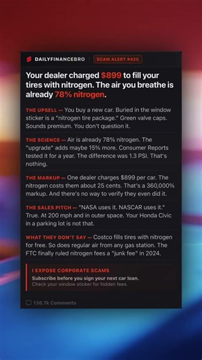 Your dealer charged $899 to fill your tires with nitrogen. The air you breathe is already 78% nitrog