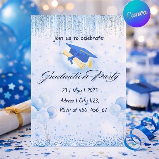 Graduation Party Invitation Template Editable Canva, Blue Glitter Class of 2030 Invite, Printable Graduation Celebration Card - Etsy