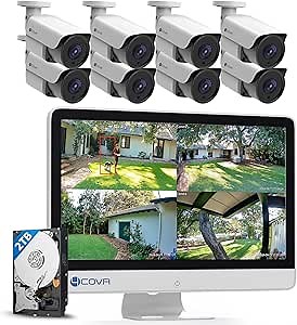 4COVR 8 Channel Security Camera System with Monitor, 8CH H.265 NVR with 2TB HDD, AI Human Vehicle Detection, 8Pcs 8MP IP67 PoE IP Bullet Camera Night Vision with Mic, 24/7 Recording, LY37EX8MU808