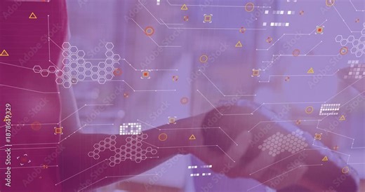 Digital network and data processing animation over people shaking hands