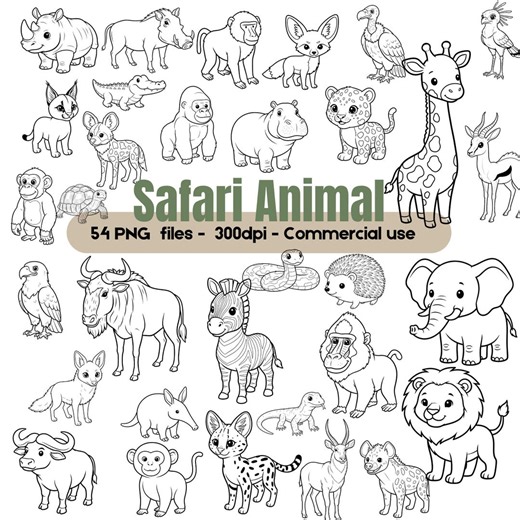 Safari Animal Line Art Clipart Bundle, Jungle Wildlife Outline PNG, Cute Zoo Animals Coloring Graphics - Etsy