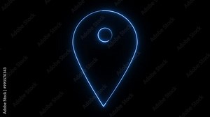 glowing neon blue color location animation icon searching place address travel direction road signs map circle animated signs symbol on black background