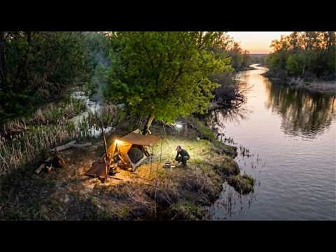 Lonely Overnight Camping in a Hot Tent Bushcraft Shelter by the River, Fishing