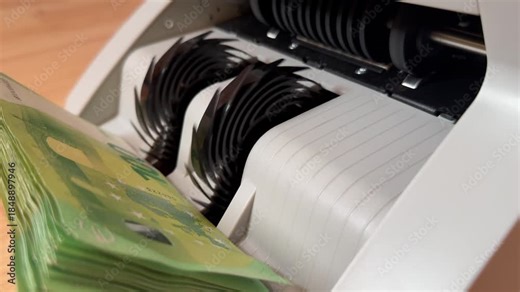 Counting euros using money counter machine at daytime 100 euro bills are quickly being processed in the currency counter