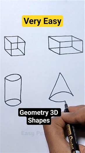 very easy geometric shapes drawing | how to draw geometry 3D Shapes Cube cuboid cone cylinder