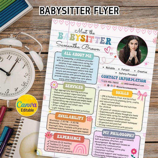 Babysitter Flyer, Daycare Flyer, Childcare Services Resume, Babysitter Resume, Community Caretaker Flyer, Daycare Form, Nanny Flyer, Canva - Etsy
