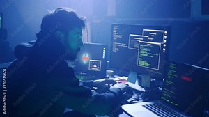 Profile of stressed hacker trying a virus attack on corporate servers in dark place. Night hacking fail in the office.