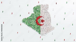 Algeria Map and Flag. A large group of people in the Algerian flag color form to create the map. 4K Animation Video.