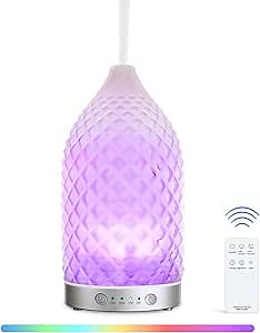 Frosted Glass Essential Oil Diffuser, 7 Colors Ground Glass Diffusers for Essential Oils with 2 Mists Remote Control Auto-Off Timer, 200ML Aromatherapy Diffuser for Home Office (Silver)