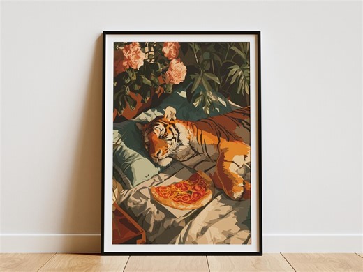 Cozy Tiger Eating Pizza in Bed Print Wild Animal Feline Wall Art Relaxing Jungle Bedroom Decor Unique Home Poster - Etsy