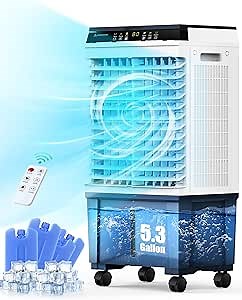 Air Choice Evaporative Air Cooler, 1800CFM Swamp Cooler with 5.3-Gal Tank, 12H Timer, 110° Swing, Remote Control, 4 Ice Packs, 3 Speeds, 3-in-1 Cooling Fan for Room Office Garage Indoor Outdoor