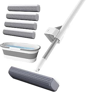 Self-Wringing Sponge Mops for Floor Cleaning, Self-Washing Roller Sponge Mop Cleaning Mops, Self-Squeeze Sponge Mops Hands-Free Floor Mops for Kitchen Bathroom (Mop & Bucket Set, with 4 Sponge Heads)