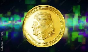 a gold coin with digital glitches and distortions.
