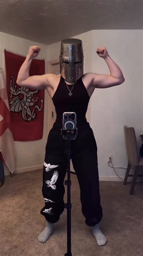 Camden Alys on Instagram: "Ok I couldn’t help myself, I think this trend is so silly, had to put the Avalon girl twist on it. - - Ave Dux Artorius - Sweats by @blackdeathshop code: AVALON (btw Templar drop coming soon) - - - #gymgirl #knight #trend #dance #fitnessmodel #biceps #knightgirl #musclemommy #cosplay #funny #greathelm #booktok #fitness #armday"