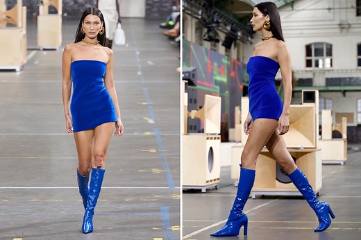 Bella Hadid steals the show in a mini-dress & shiny boots at Paris Fashion Week
