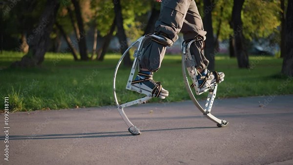 Legs of man using spring stilts while walking on paved path in sunny park, wearing dark gray pants. Low camera angle focuses on dynamic movement, highlighting stilts and vibrant outdoor scenery