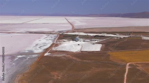 Aksaray, Turkey. Top-down aerial shot of the structured layout of a salt production facility and its geometric evaporation basins on Tuz Golu lake.. Aerial View