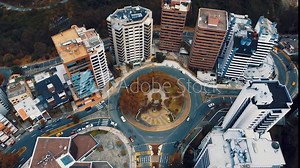 View of a roundabout in the capital of Ecuador, South America with heavy traffic. Busy Cities in Ecuador.