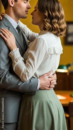 Mid-century modern workplace romance with a couple embracing in a retro office setting