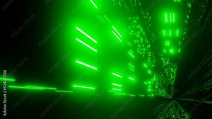 Fly through technology cyberspace with neon glow. Sci-fi flight through hi-tech technology tunnel. Hologram and neon light. 3d looped seamless 4k bright background. Data flow
