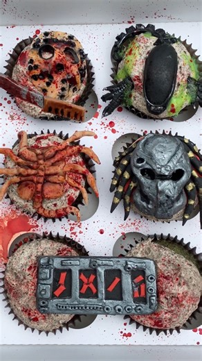 Happy halloween everyone! 🎃 Horror cupcakes, alien, predator, Jason, Freddy, Hell raiser #happyhalloween #halloweencupcakes #horror | Amy Bakes