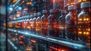 A futuristic pharmacy display with holographic bottles of medication that show information about the drugs.