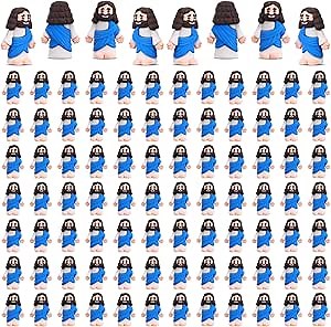Bememo 100 Pcs Mini Jesus Figurines Bulk Little Jesus Toys Original Design Rubber to Hide and Seek Religious Party Favor Sunday Craft Baptism Gift for Easter Egg Stuffers(Blue)
