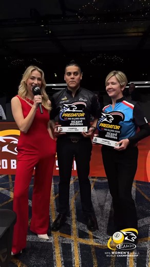 This one meant everything 💙🏆 Hear from Allison Fisher & Jesús Atencio after their Mixed Doubles victory — Jesús calls it an honor to win alongside his idol, and Allison praises his positivity and composure that carried them through the week. Champions on the table and in the moment 🎱✨ | Predator Pro Billiard Series