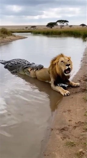 | Old Male Lion Trapped in Crocodile’s Jaws (No Real Animals Harmed)