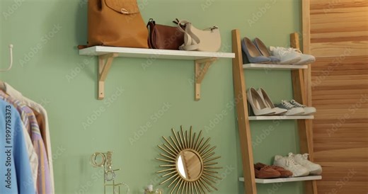 Rack with clothes, shoes on shelving unit and chest of drawers in hallway. Camera moving down