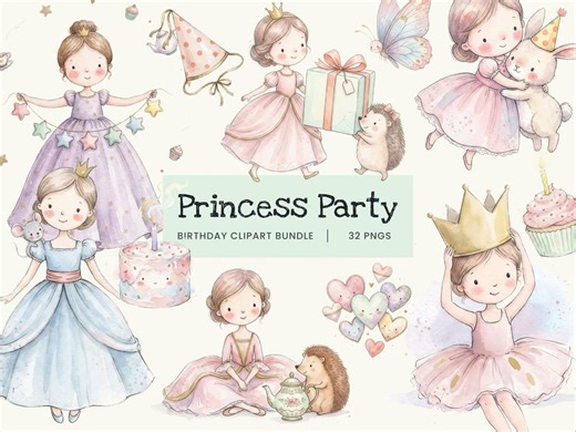 Princess Tea Party Birthday Clipart – Whimsical Pastel Watercolor PNG Bundle (digital Download) - Etsy