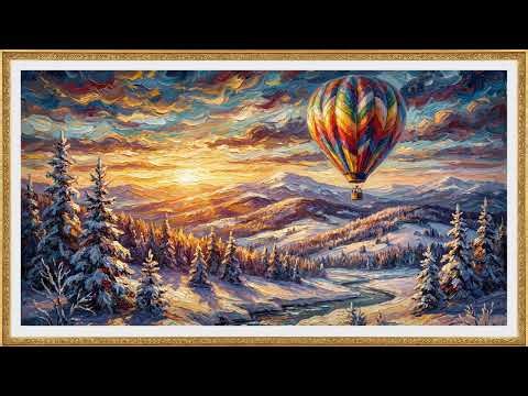 4K TV Art - Hot Air Balloon Above Snowy Mountains - Adventurous Sunrise