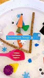 Snowman Soup Water Play ☃️ Frosty has melted! Can you help put what he needs in the bowl so the magic can bring him back?! ✨ This activity is fun way to explore the idea of frosty the snowman and the magic of making a character! Children can add all the ingredients for making their verion of a frosty or an entirely new snowman character. ☃️ To extend the play: -Make snowman recipe cards and encourage children to add them to the soup! -Pair the activity with a snowman book! -Talk about what you n