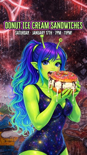💀 Grounds Donut House on Instagram: "SATURDAY, JANUARY 17TH 👽🛸 GROUNDS AFTER DARK ALIEN INVASION COSMIC TAKEOVER ONE NIGHT ONLY. WE’RE DOING IT AGAIN. Grounds After Dark is officially BACK and we’re taking over the night with an Alien Invasion Cosmic Takeover. If you came last time, you already know the vibe. If you missed it, this is your sign. 🍩 DONUT ICE CREAM SANDWICHES ARE BACK These are ONLY served during special Grounds After Dark nights. You can’t get them any other time. 🥤 NEW DRIN