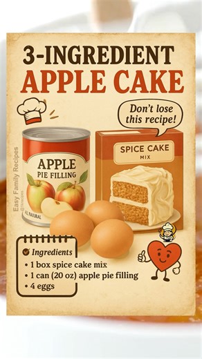 1 box spice cake mix, 1 can (20 oz) apple pie filling, 4 eggs. Mix together until combined, pour into a greased 9×13 pan, and bake at 350°F for 35–40 minutes until a toothpick comes out clean. ✨ Moist, flavorful, and unbelievably easy! 📌 I’ve shared the full recipe right under this post. #cakesofinstagram #apple #BakingLove #fblifestyle | Easy to Follow