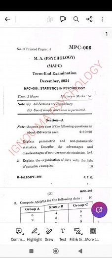 MPC-006 Statistics in Psychology | December Term Exam 2024 Question Paper #exam