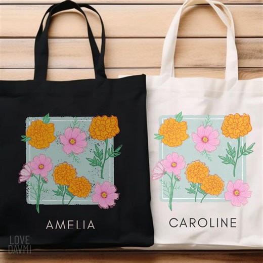 October Birth Flower, Personalize Name, Cotton Canvas Tote Bag - Etsy