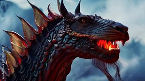 Red Chinese dragon breathes fire close up. Mythical creature from a fairy tale. Fictional Asian oriental animal from stories. Ancient China. Dangerous powerful scary monster outdoor.