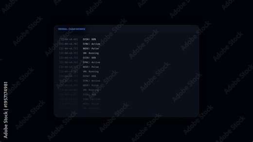 Cloud server terminal log analyzer interface displaying scrolling system data and critical security issue alert