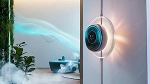 smart home air quality monitor with advanced sensors and AI-powered air quality control, monitoring the air quality in a modern home.