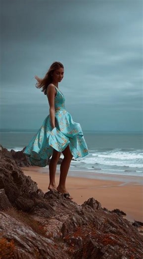 Girl at seaside cliff with wind blowing her dress as she moves #trending #reels #shorts #viral