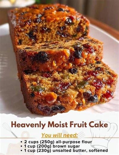 Heavenly Moist Fruitcake 🍊 A rich, tender loaf bursting with dried fruits, crunchy nuts, warm spices, and a refreshing hint of orange juice. Perfect for holidays or a cozy tea-time treat! 🎄✨ Ingredients: 1 cup unsalted butter, room temperature 1 cup granulated sugar 4 large eggs 🥚 1 tsp vanilla extract 2 cups all-purpose flour 1 tsp baking powder ½ tsp baking soda ½ tsp salt ½ tsp ground cinnamon ¼ tsp ground nutmeg 1 cup mixed dried fruit (raisins, apricots, cherries, cranberries, etc.) 🍒 ½