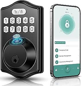 Keyless Entry Deadbolt Smart Door Lock - Fingerprint & Keypad Code Access - Auto Lock (Black)