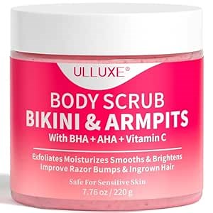 Bikini Area Exfoliator with 10% AHAs BHA & Vitamin C, Exfoliating Body Scrub for Ingrown Hair and Underarm Bumps, Dark Spots, Moisturize Brighten Soothe & Even Skin Tone, Sensitive Skin Safe, 7.76 oz