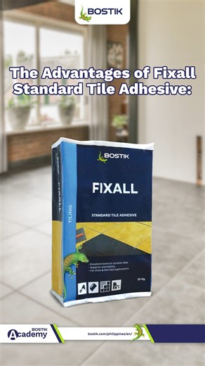 For superior tile installation in houses and indoor areas, rely on Fixall Standard. It’s powerful, uniform, and non-toxic, giving you workability and ample time to get your dedicated tile plan complete. Get to know more about our product: https://www.bostik.com/philippines/en/catalog/product/construction/apac/philippines/product-fixall/ | BOSTIK