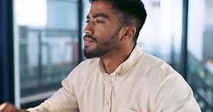 Computer, thinking or programmer man with computer for cybersecurity, app coding or data analysis in office. Planning, digital or employee study NFT software code, programming or data analytics.