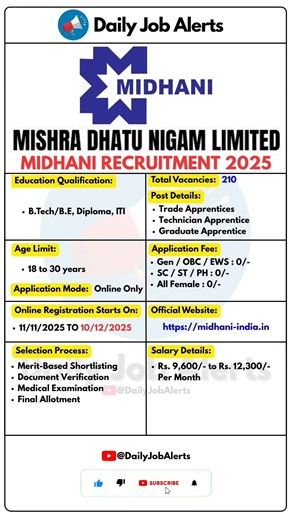 MIDHANI Recruitment 2025 | New Vacancy 2025 | Daily Job Alerts #shorts