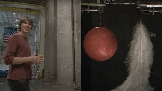 Bowling Ball and Feather, Dropped in Vacuum, Hit the Floor at the Same TIme