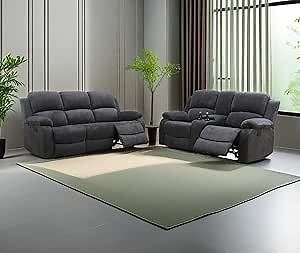 Fabric Recliner Sofa Set in 2 Pieces Living Room Furniture Sets Modern Loveseat Couch Set Manual Reclining Sofa Set with Cup Holders/Storage Console for Living Room/Rv Car (Grey,Sofa+Loveseat)