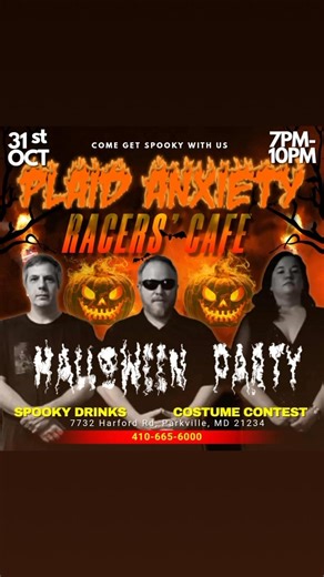 🎃 HALLOWEEN NIGHT IS GOING LIVE! 🎶 This October 31st from 7–10 PM, Racers’ Café turns into the ultimate haunted stage for a spooky night of live music, creepy cocktails, and killer costumes! 👻🔥 Get ready to rock the night away with Plaid Anxiety — bringing high-energy tunes that’ll wake the spirits and keep you dancing all night long! 🦇 🍹 Spooky Drink Specials 🎭 Costume Contest – come dressed to impress (or terrify!) Racers Gift Card for best custom 💀 No tricks, just killer beats and a s